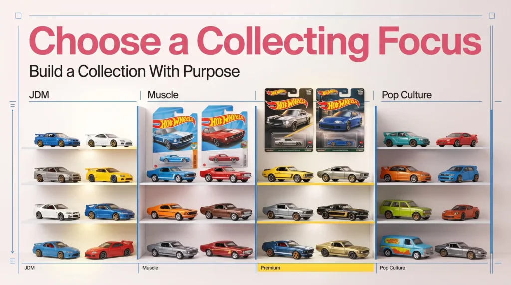 Hot Wheels collection organized by JDM, muscle cars, premium models, and pop culture themes