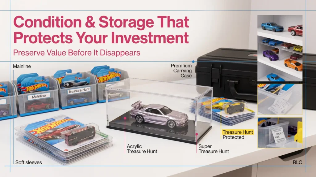 Hot Wheels collection organized by year, series, casting, and theme using structured storage system