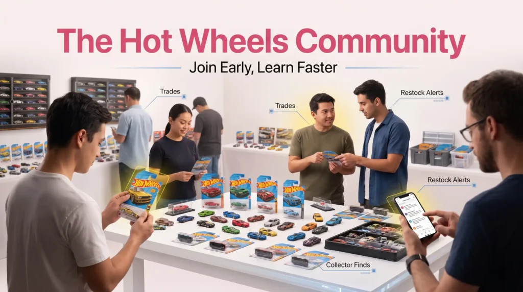 Hot Wheels collectors trading cars and sharing knowledge at a community meetup and display table