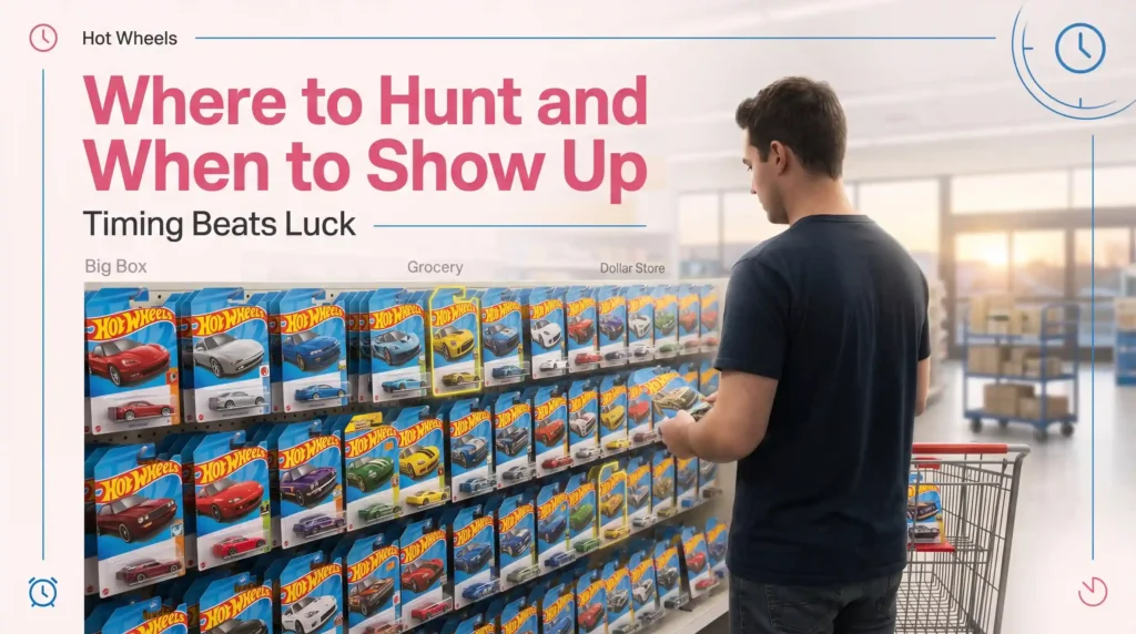 Hot Wheels collector searching freshly stocked store pegs early in the morning for Treasure Hunts and Super Treasure Hunts