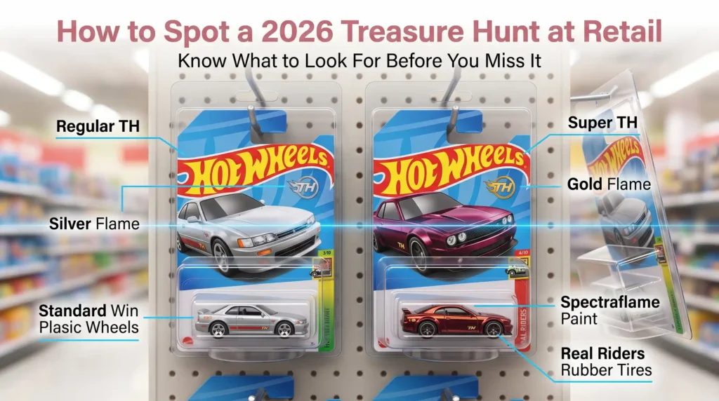 How to spot 2026 Hot Wheels Treasure Hunts at retail showing Regular TH and Super TH blister packs with silver and gold flame symbols in a store peg display