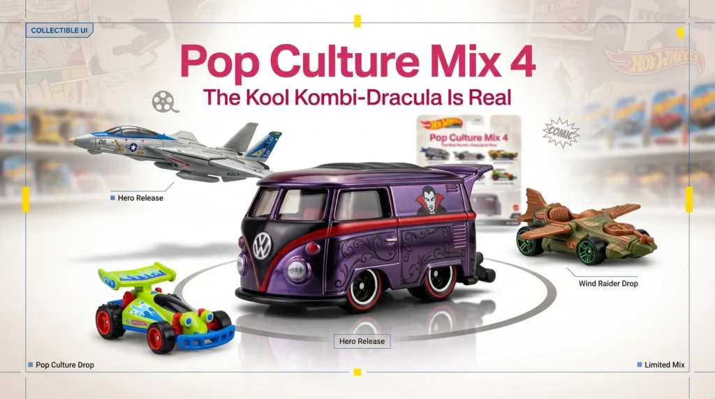 Pop Culture Mix 4 Hot Wheels set featuring Kool Kombi Dracula theme with Skystriker jet, Wind Raider, and Toy Story RC in a premium collector display