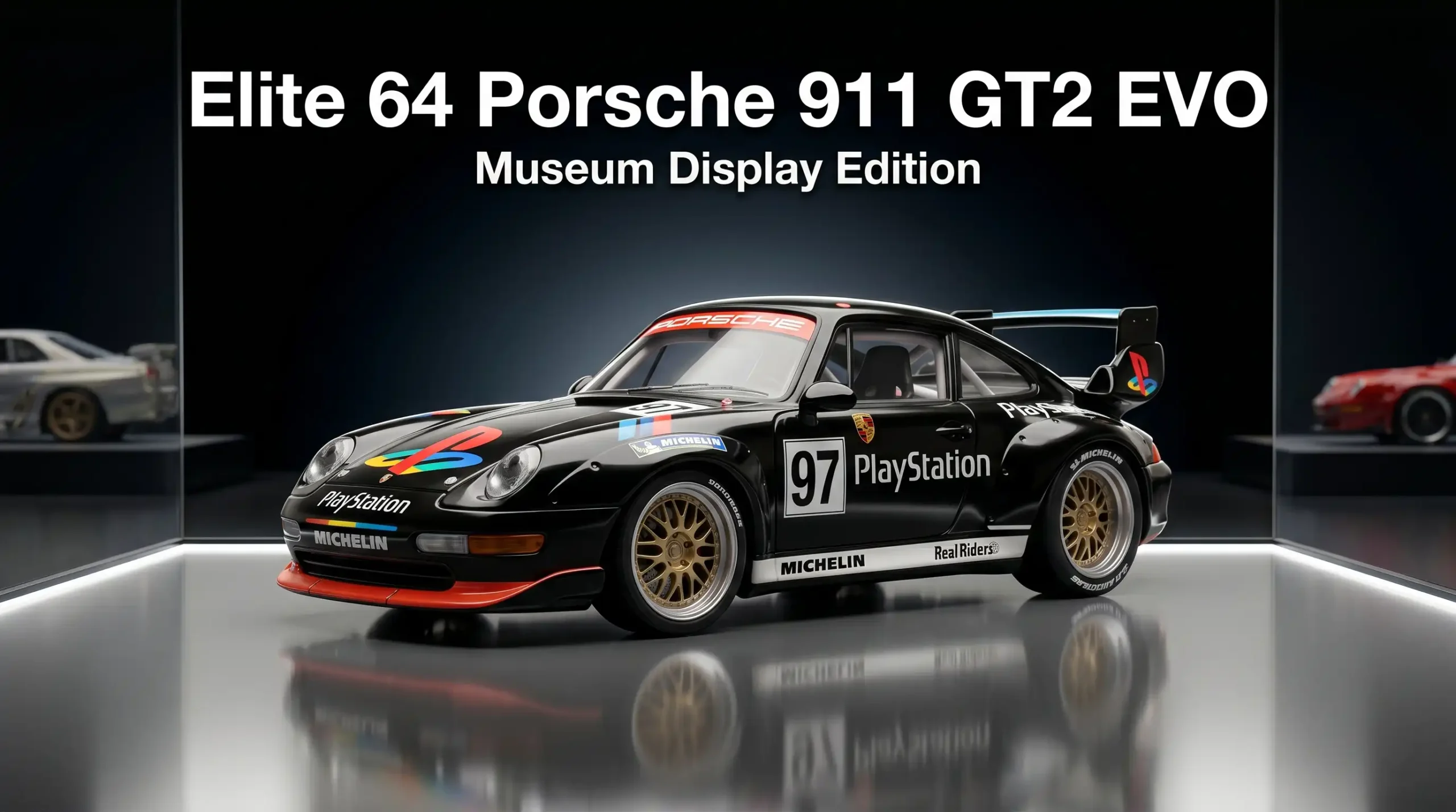 Hot Wheels Elite 64 Porsche 911 GT2 EVO 993 with racing livery displayed in museum-style lighting against a black background, emphasizing premium detailing and collector-grade finish.