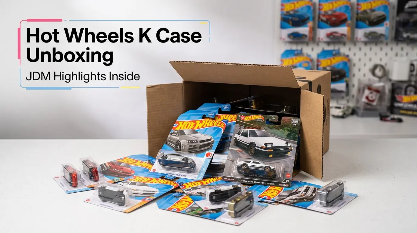 Hot Wheels K Case unboxing showing opened shipping box with JDM cars like Nissan Skyline GT-R and Toyota AE86 visible inside blister packs on a clean collector desk setup.