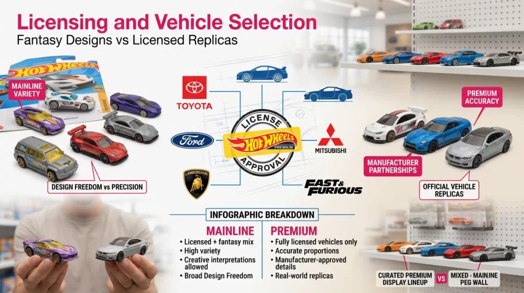 Hot Wheels licensing comparison infographic showing mainline fantasy and licensed mix versus premium fully licensed vehicles from brands like Toyota, Ford, and Lamborghini with accurate replica detailing.