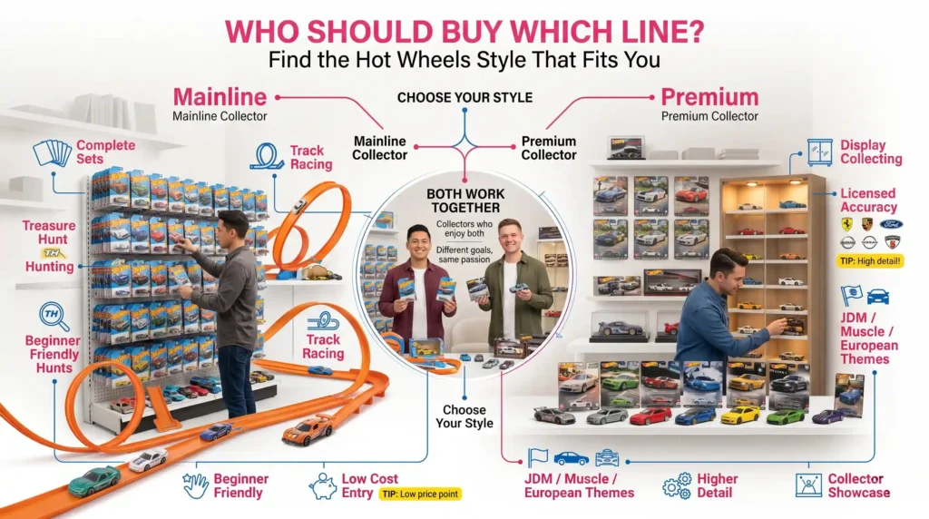Hot Wheels Mainline vs Premium buying guide showing which collectors should choose each line based on collecting goals, display preferences, and hobby style.
