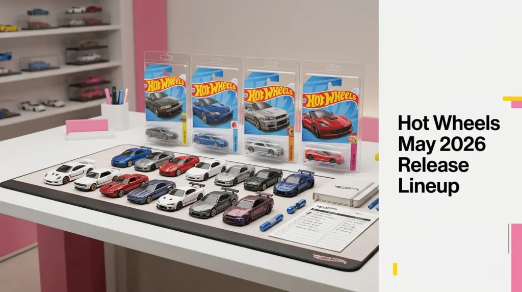 Hot Wheels May 2026 release lineup displayed on a collector desk with diecast cars, blister packs, and a modern collector workspace setup.