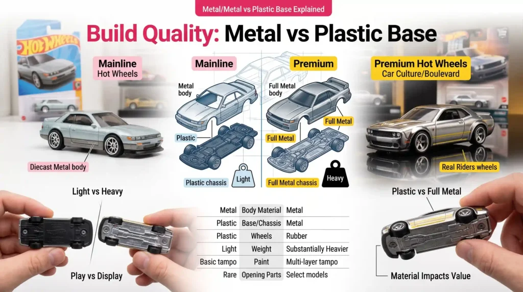 Hot Wheels build quality comparison showing mainline plastic base versus premium metal-on-metal construction, highlighting weight difference, materials, chassis design, and collector value impact.