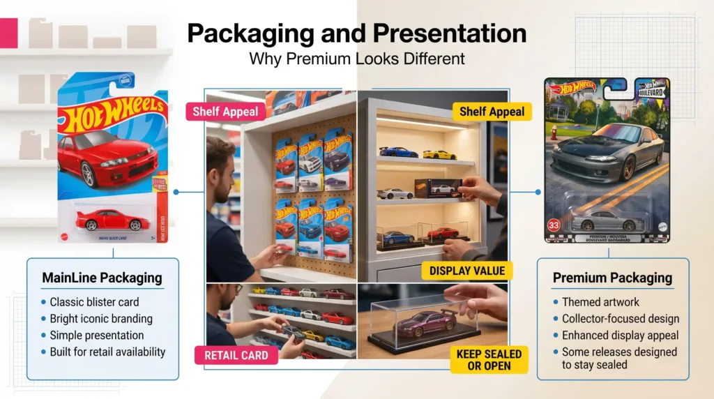 Hot Wheels packaging comparison showing classic mainline blister cards versus premium collector packaging with themed artwork, display value, and shelf presentation differences.