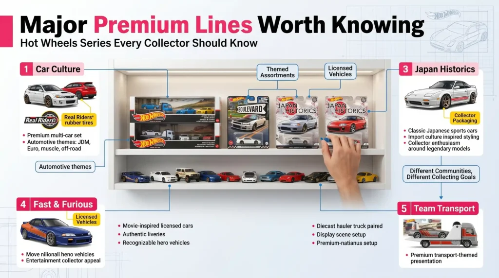 Hot Wheels premium lines infographic showing Car Culture, Boulevard, Japan Historics, Fast and Furious, and Team Transport series with collector packaging and vehicle themes.