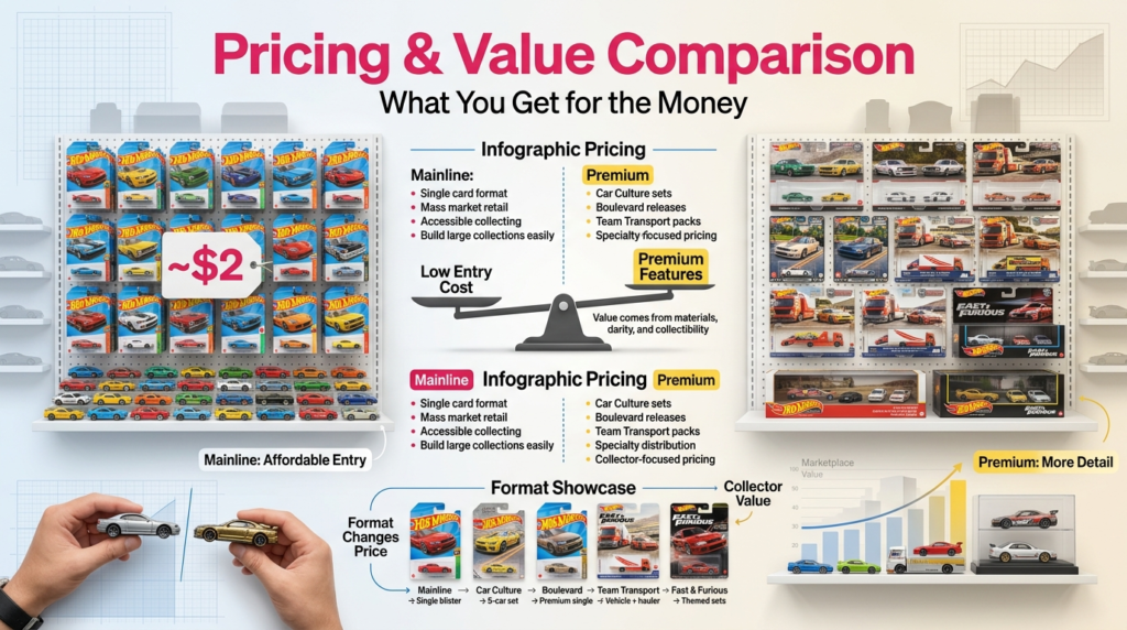 Hot Wheels pricing comparison showing Mainline and Premium formats, including retail cost, Car Culture sets, Boulevard releases, Team Transport packs, and collector value differences.