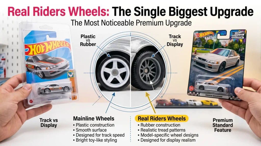 Hot Wheels Real Riders wheels comparison showing rubber tires versus plastic mainline wheels, highlighting tread detail, realism, and premium collector upgrade difference.