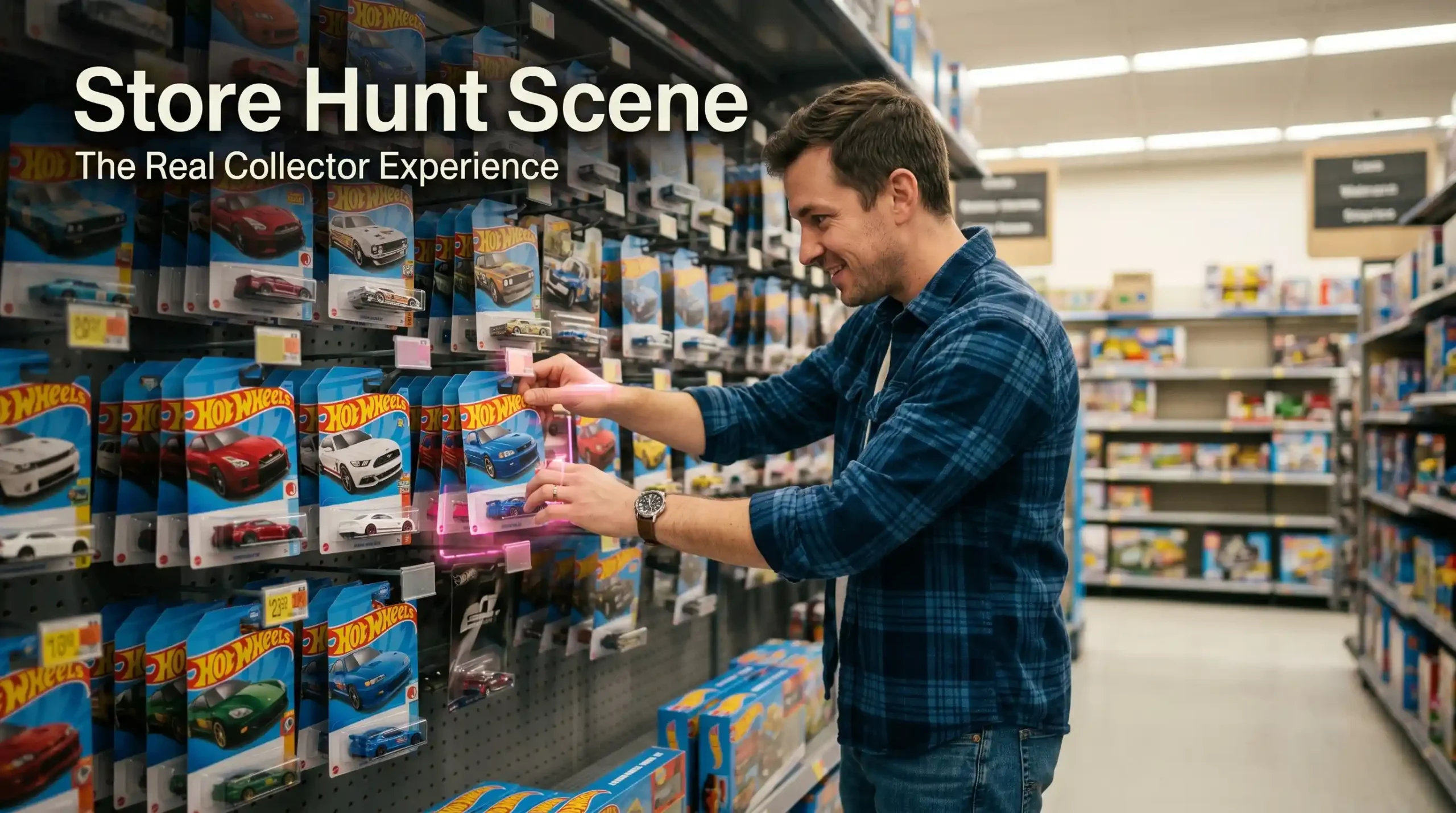 Hot Wheels collector browsing blister packs in a toy aisle at a retail store, cinematic candid photography style showing real store hunting moment with warm lighting and peg wall displays.