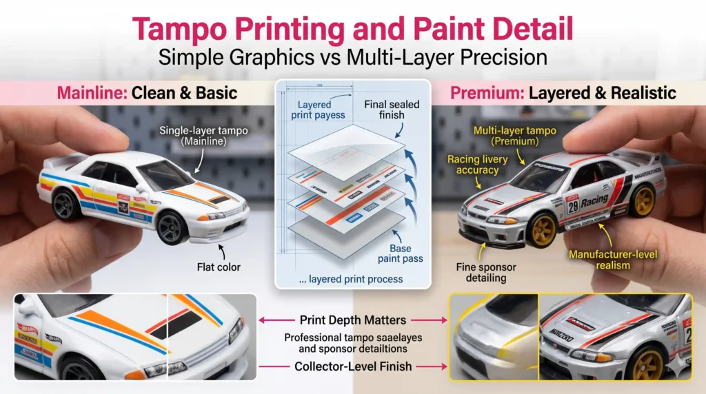 Hot Wheels tampo printing comparison showing simple mainline graphics versus premium multi-layer paint detailing with racing liveries, sponsor decals, and realistic automotive finishes.