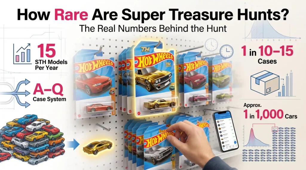 Super Treasure Hunt rarity infographic showing Hot Wheels STH production numbers, case distribution, collector odds, and why these rare cars are difficult to find at retail.