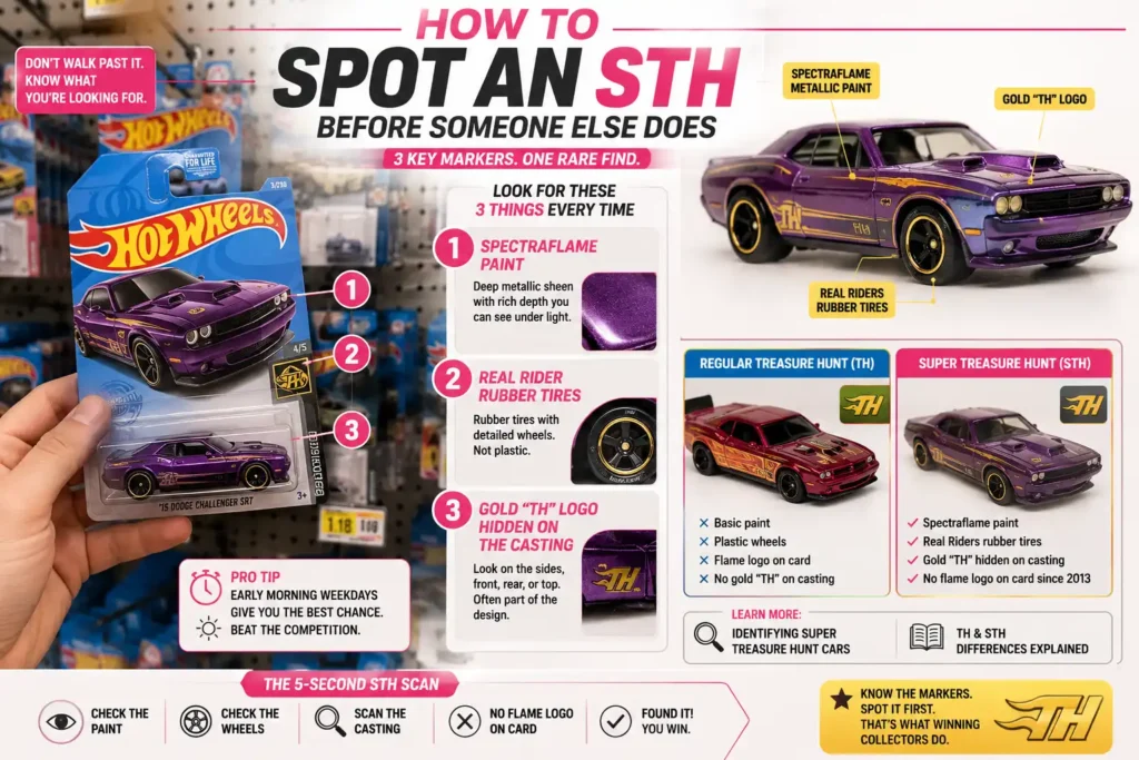 Hot Wheels Super Treasure Hunt spotting guide showing Spectraflame paint, Real Riders tires, and hidden TH logo with retail peg comparison for identifying rare cars before others.