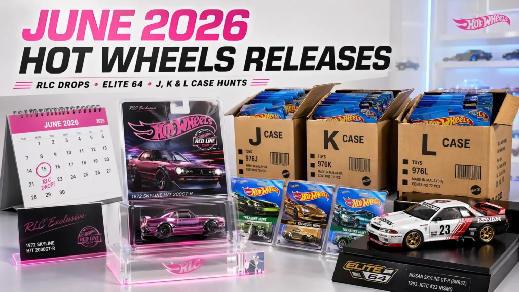 Feature image for June 2026 Hot Wheels releases showing RLC and Elite 64 collectibles alongside J, K, and L case boxes with Treasure Hunt models in a clean modern collector display.
