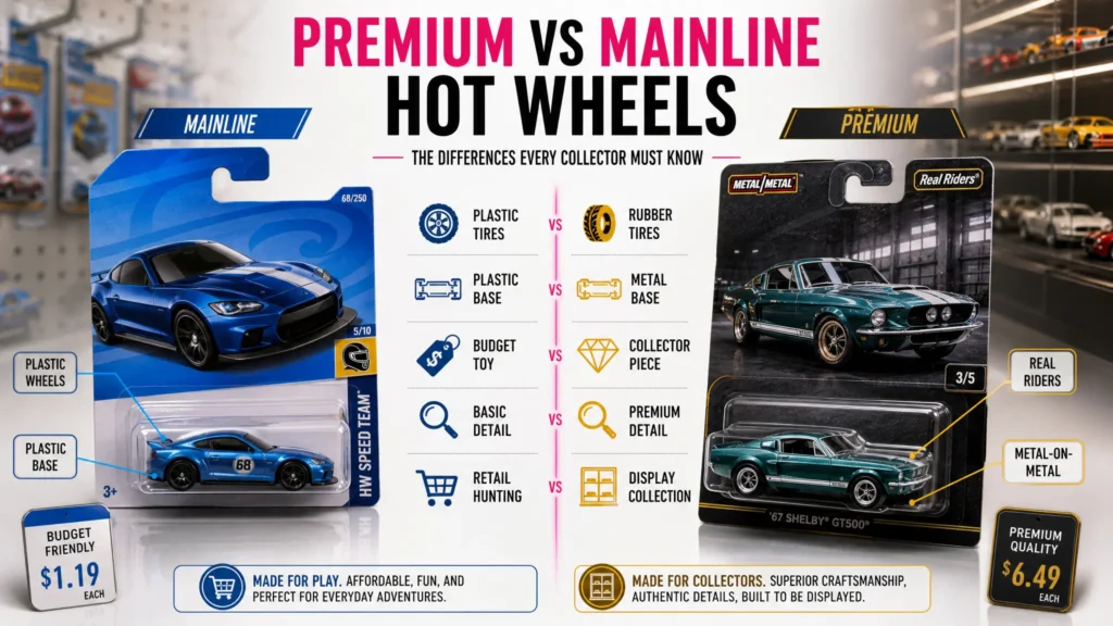 Premium vs Mainline Hot Wheels comparison showing differences in packaging, build quality, metal construction, Real Riders rubber tires, plastic wheels, pricing, and collector appeal.