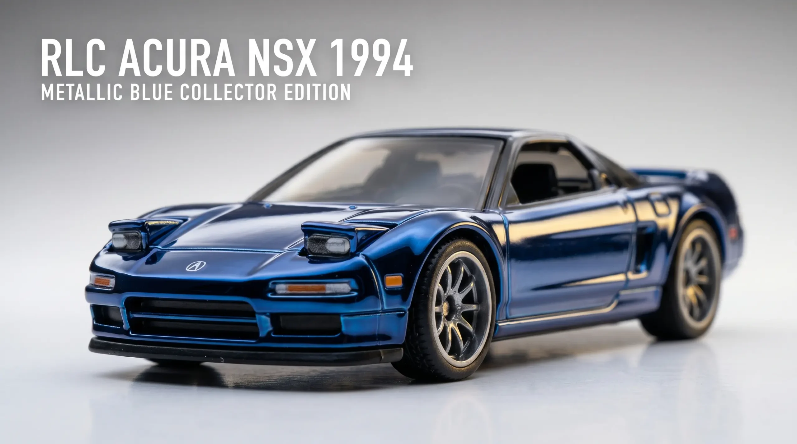 Hot Wheels RLC 1994 Acura NSX metallic blue diecast model with pop-up headlights, shown in ultra-detailed macro studio lighting with reflective surface and premium collector presentation.