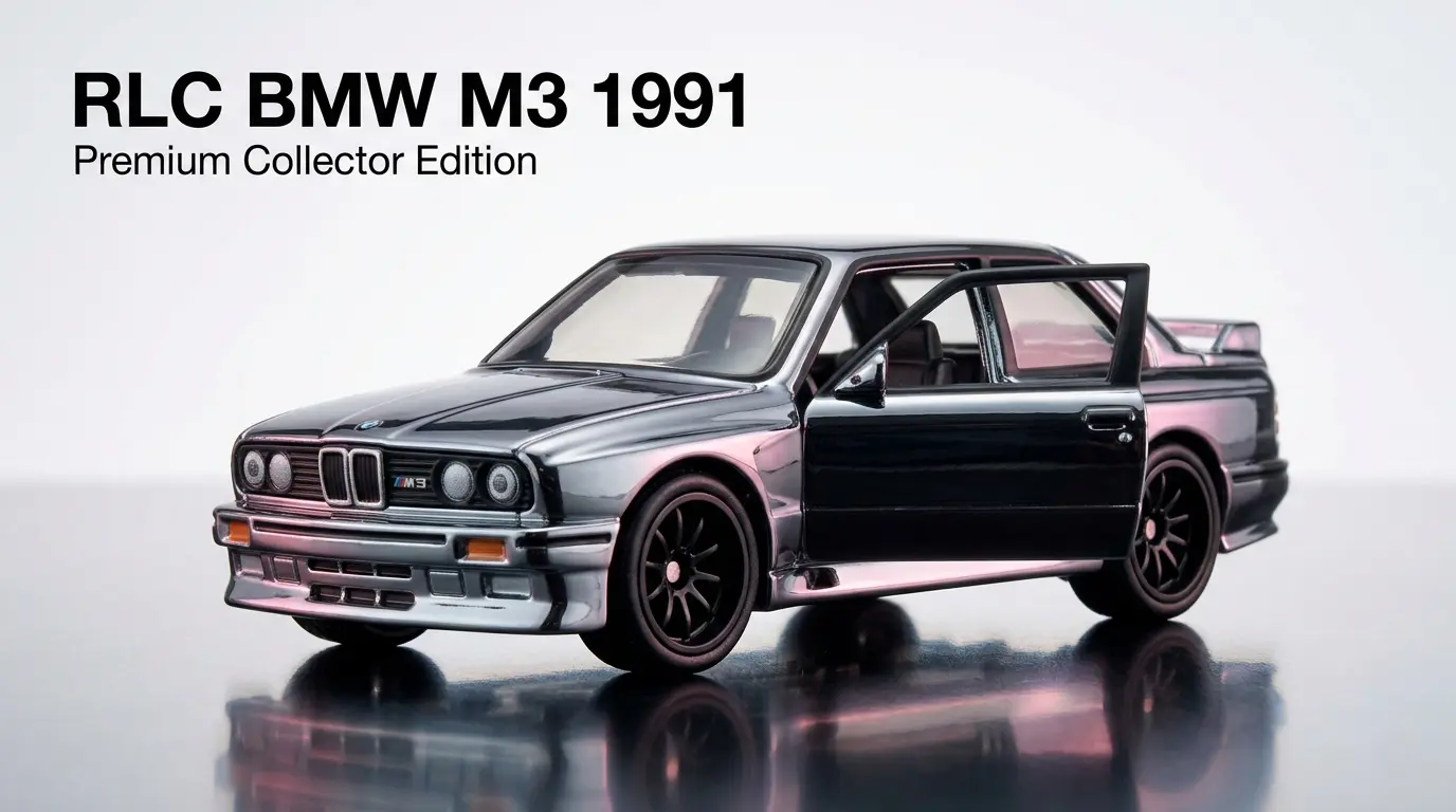 Hot Wheels RLC 1991 BMW M3 premium diecast model with open doors, displayed on a reflective studio surface with luxury collector lighting and detailed interior visible.