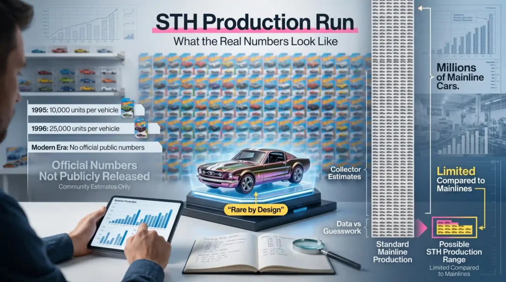 STH production run infographic showing Hot Wheels Super Treasure Hunt estimated production numbers, historical figures, collector research, and rarity compared to mainline cars.