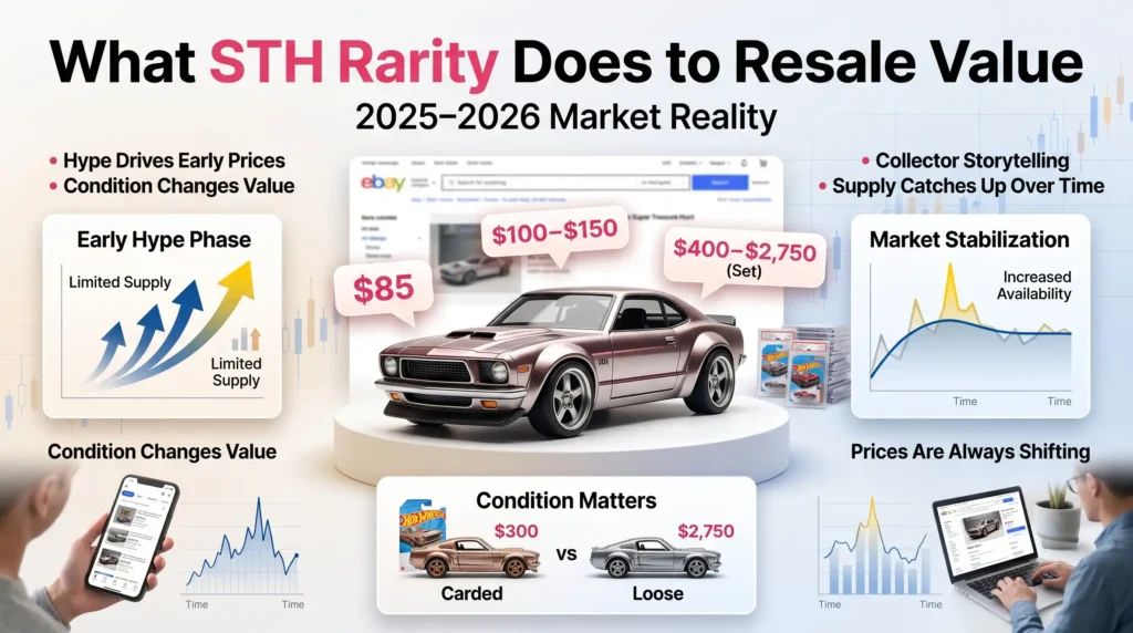 Hot Wheels Super Treasure Hunt resale value infographic showing 2025–2026 price ranges, market fluctuations, and how rarity and condition impact secondary market prices.