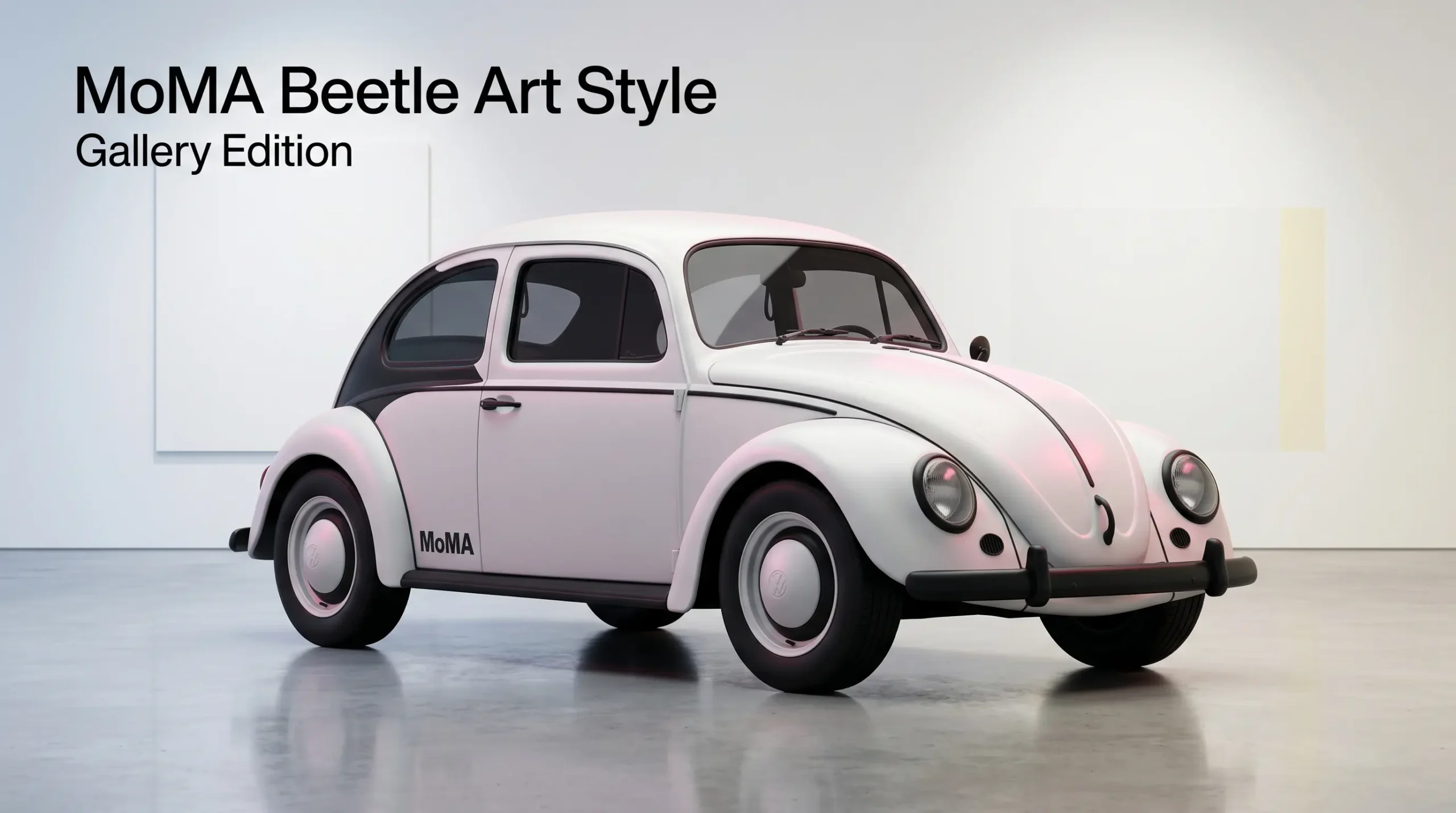Hot Wheels VW Beetle MoMA edition displayed in a minimalist museum gallery setting with soft lighting, clean white background, and artistic presentation emphasizing sculptural design.