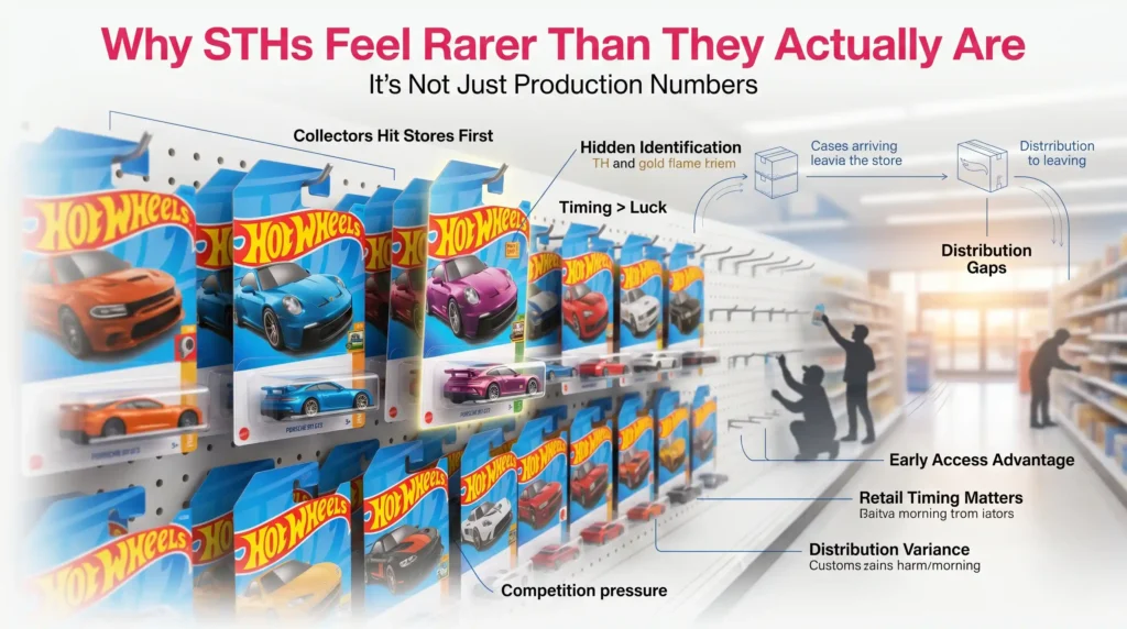 Hot Wheels Super Treasure Hunt rarity explanation showing crowded retail pegs, hidden TH markings, distribution challenges, and why collectors rarely find STH cars in stores.