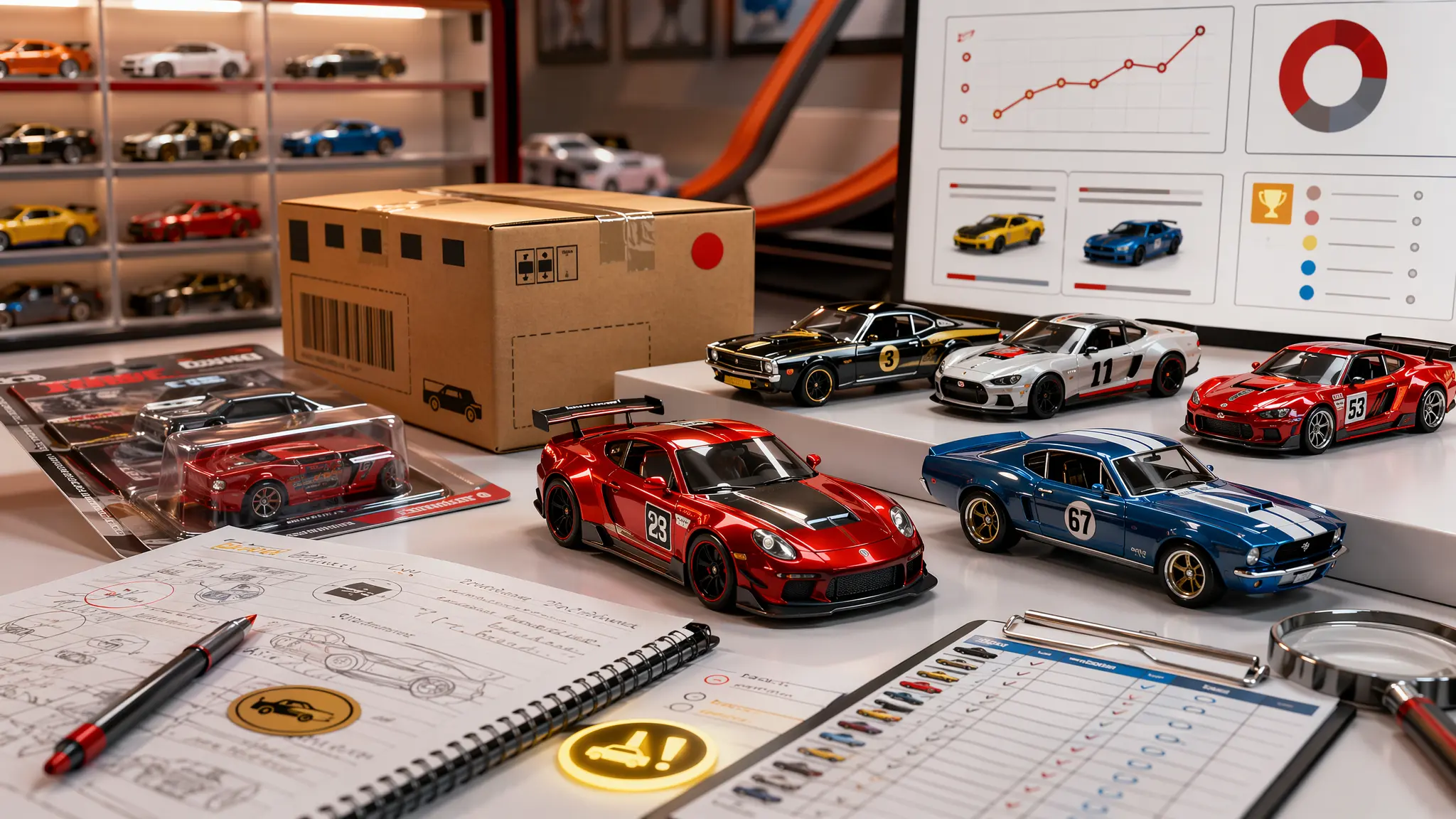 Hot Wheels collector display showing 2026 releases, case boxes, and Treasure Hunt cars