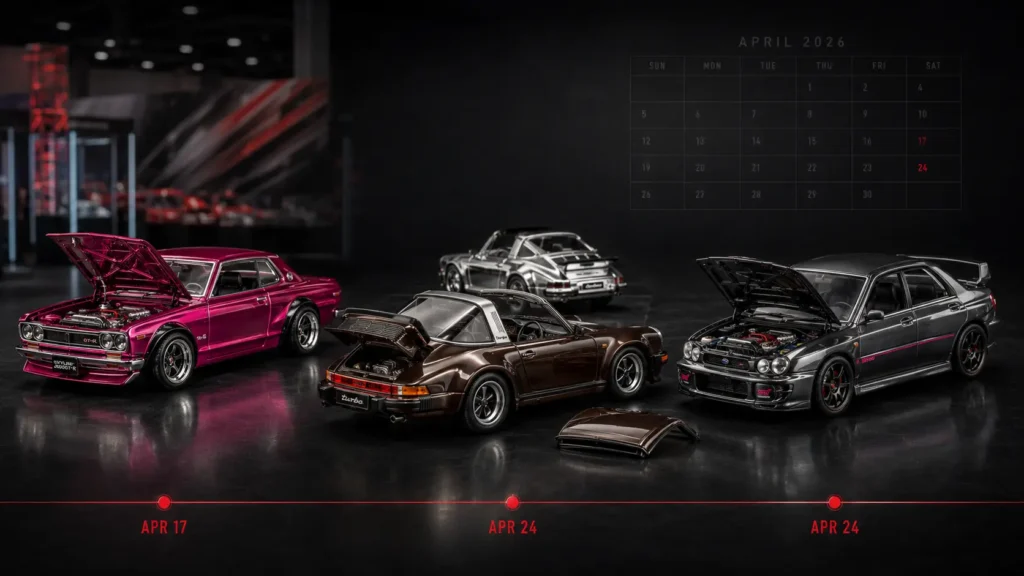 Pink Skyline, brown Porsche 911 Targa with chrome chase, and slate Subaru WRX STi representing April 2026 RLC releases