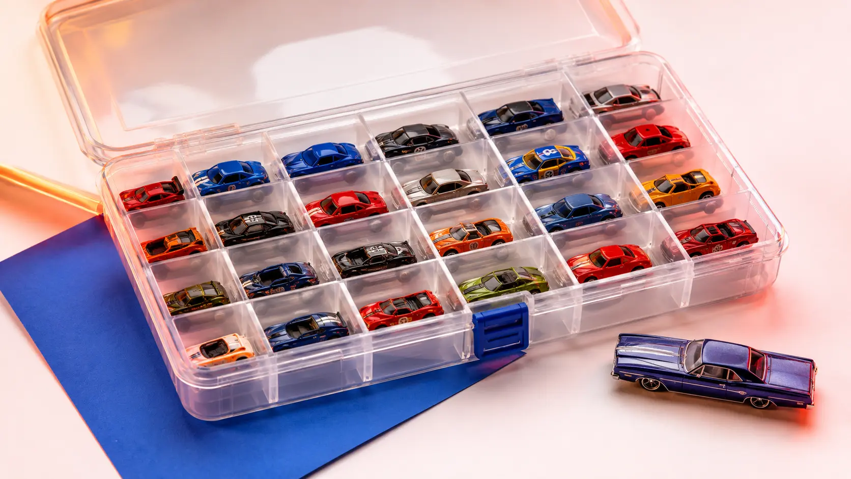 Clear double-sided organizer case with small compartments used for loose die-cast cars