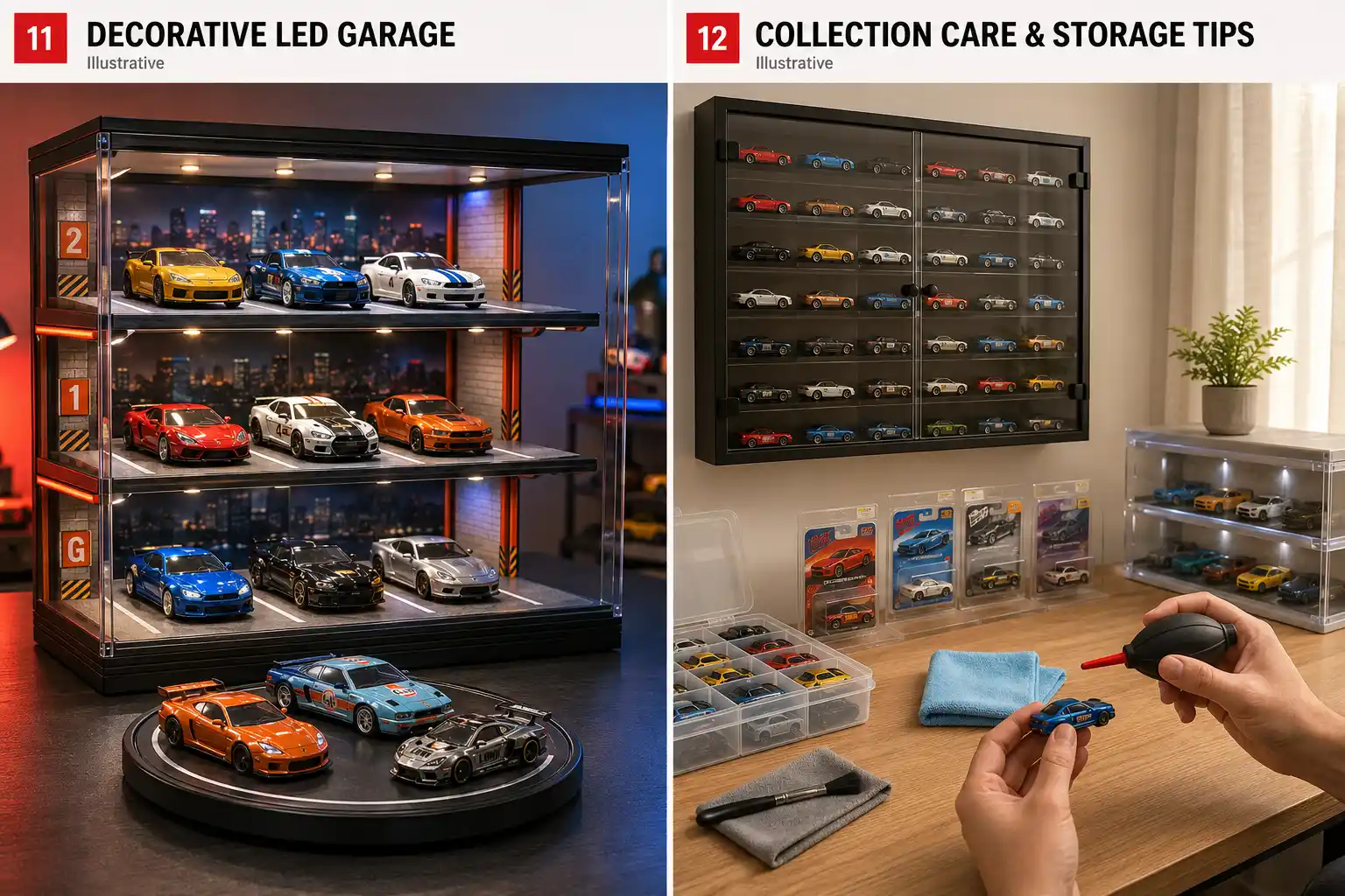 Collector cleaning and organising loose and carded 1:64 die-cast cars in a protected display area