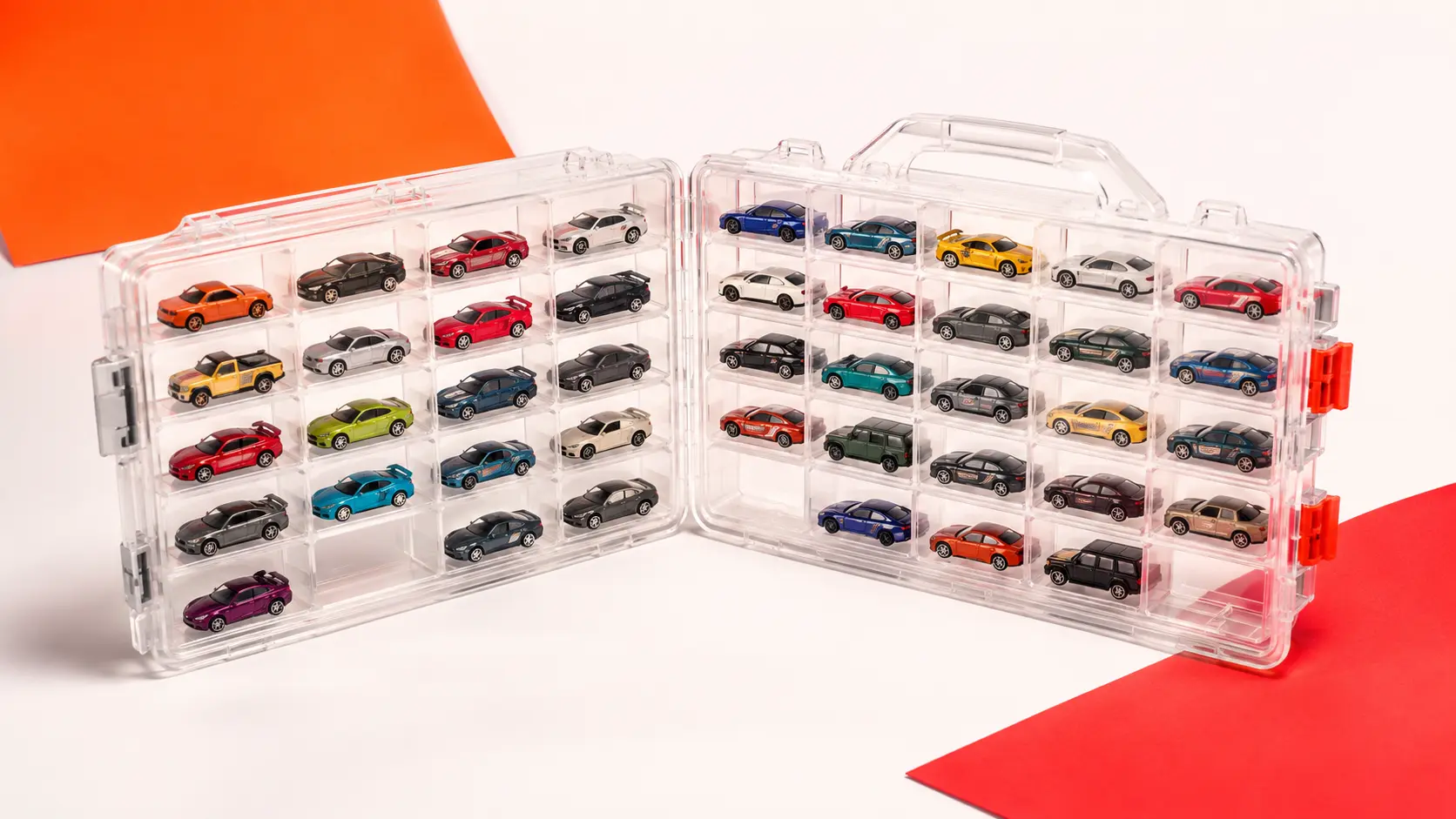 Transparent double-sided case holding loose 1:64 die-cast cars