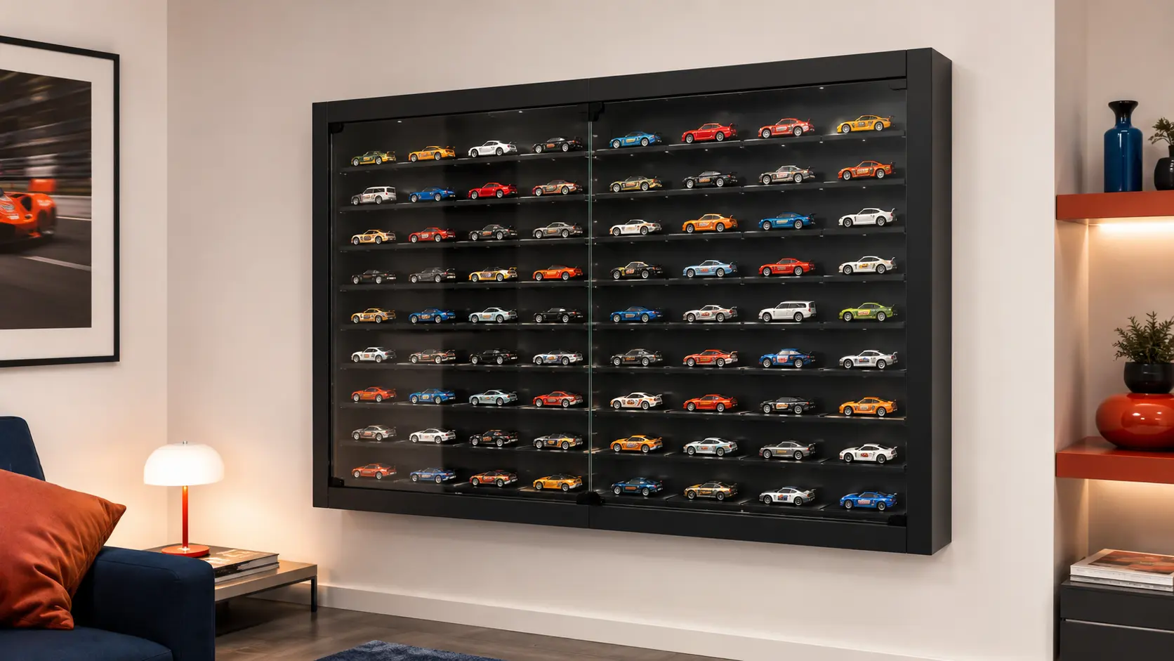 Enclosed wall cabinet displaying individual Hot Wheels cars behind two doors