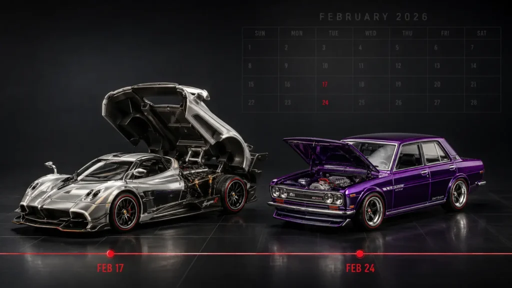 Pearl-silver Pagani Huayra R and purple Datsun 510 representing the February 2026 Hot Wheels RLC releases