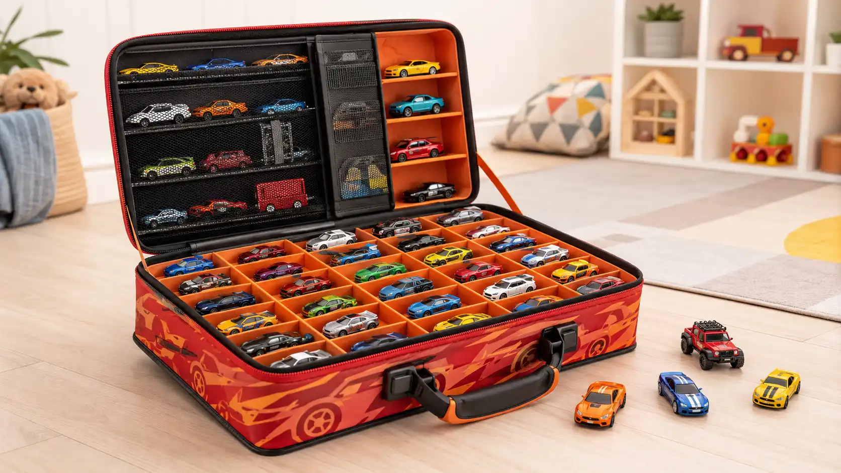 Portable branded storage case with carrying handle designed to hold many small toy cars