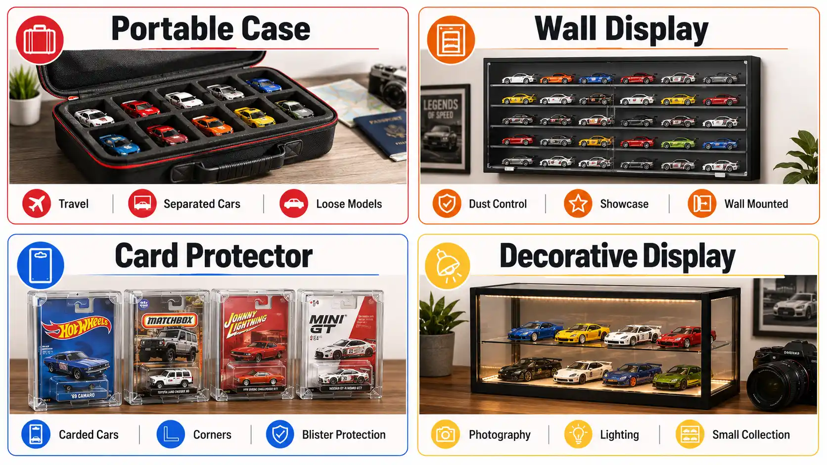 Comparison of portable storage, wall displays, card protectors, and decorative Hot Wheels display options