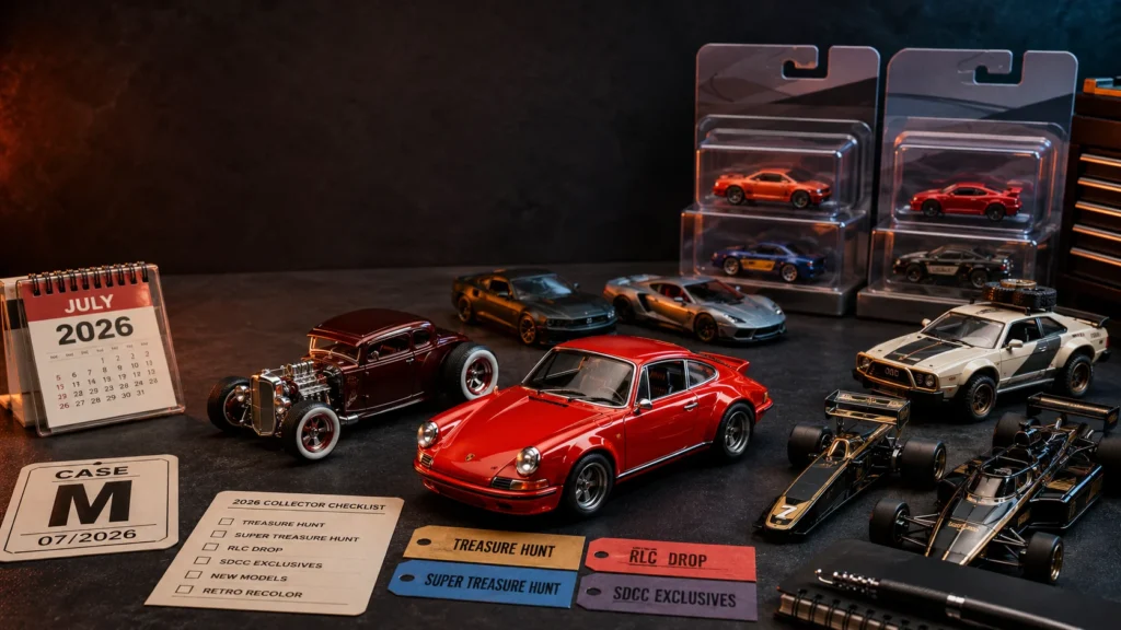 July 2026 Hot Wheels releases preview featuring Case M cars, Treasure Hunts, and SDCC exclusive collectibles
