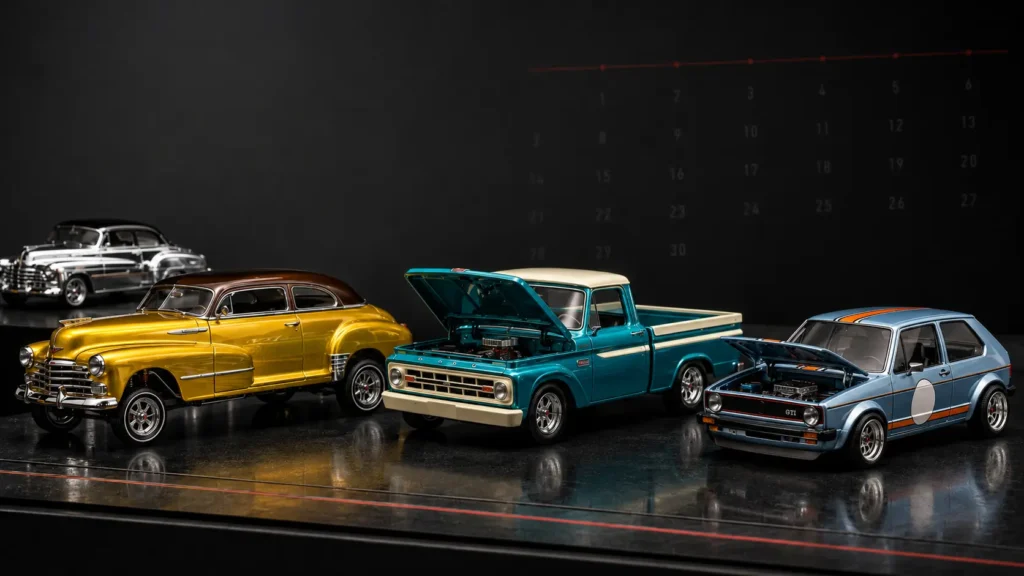 Yellow Chevy Fleetline with chrome chase, teal Ford F-100, and Gulf Blue Volkswagen Golf representing June 2026 RLC releases