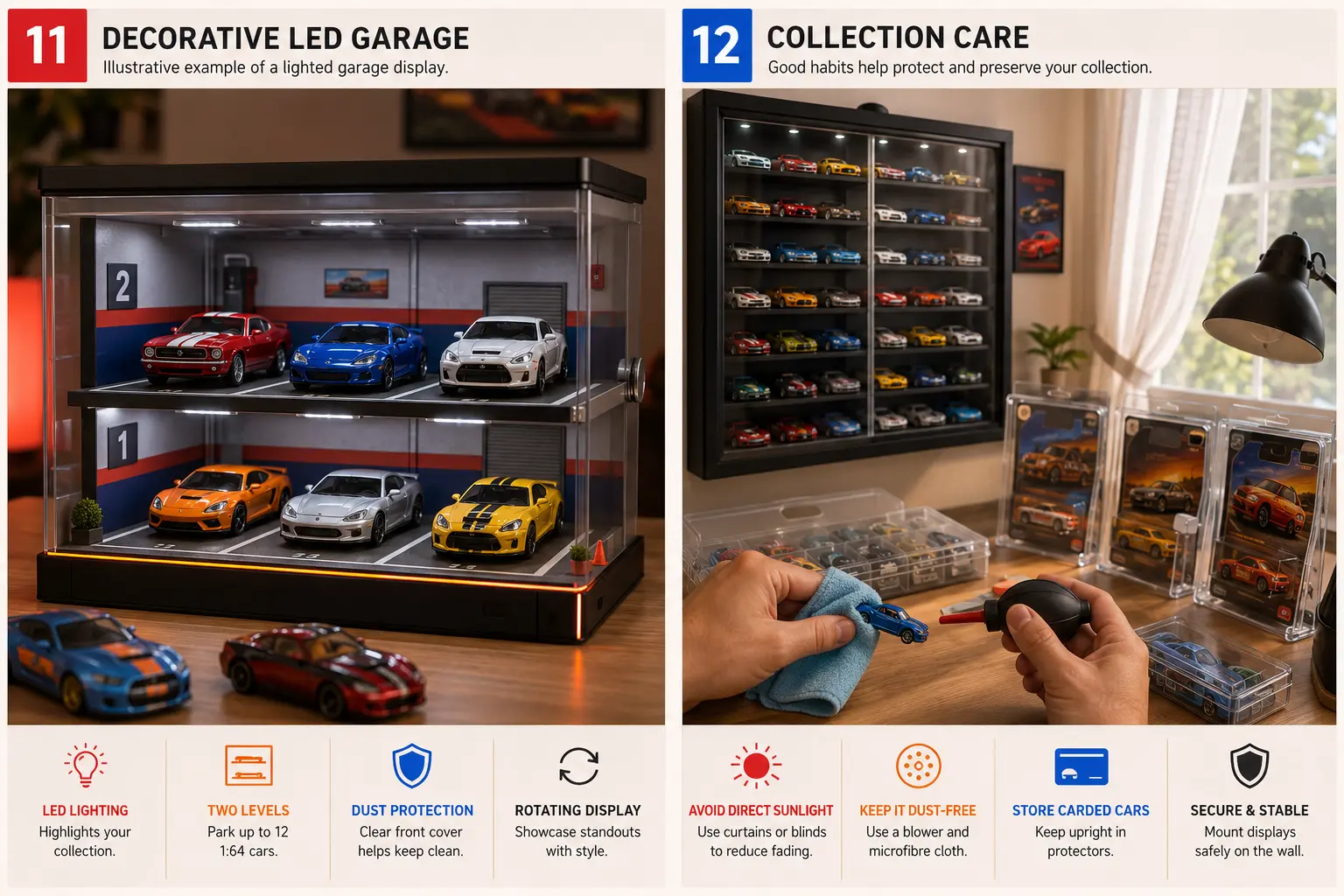 Illustrative LED parking-garage display holding a small group of 1:64 die-cast cars