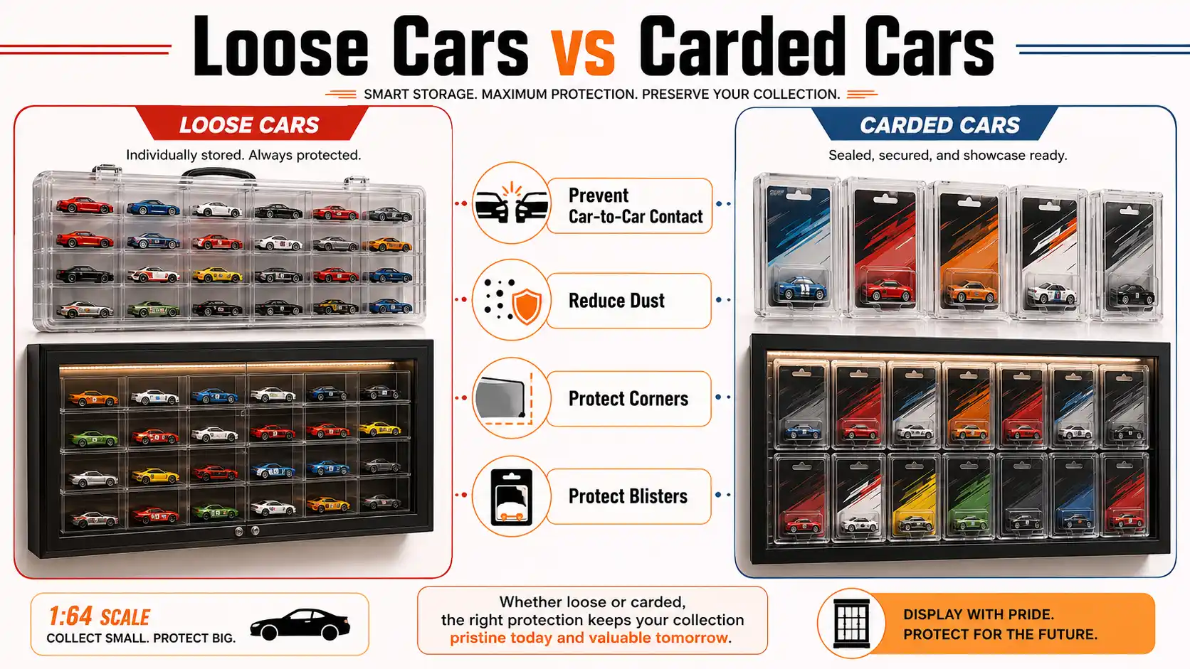 Visual guide comparing loose-car cases, card protectors, wall cabinets, and modular die-cast displays