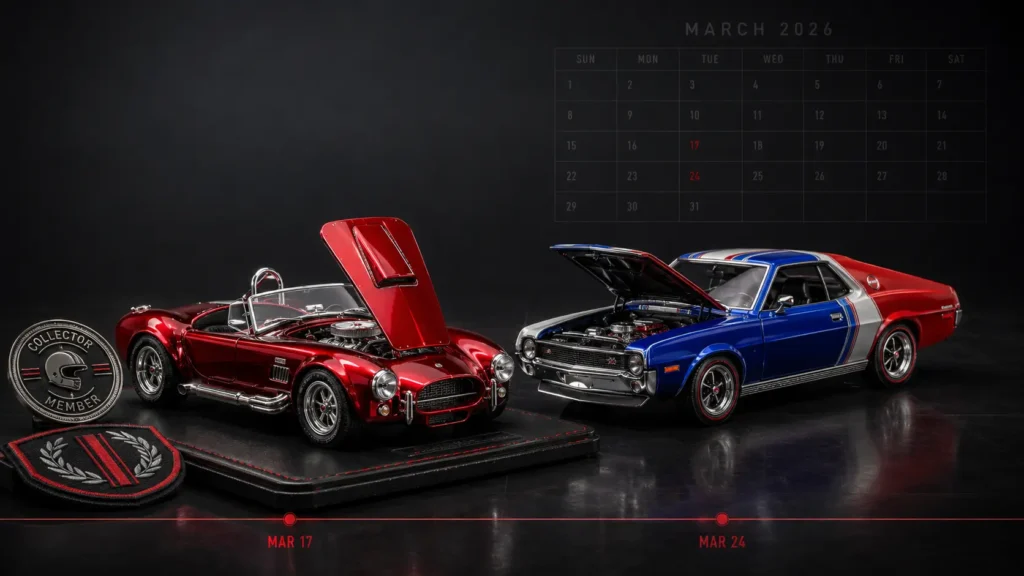 Red Shelby Cobra and multicolor AMC Javelin representing the March 2026 Hot Wheels RLC releases