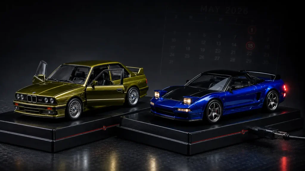 Olive BMW M3 with opening doors and blue NSX with raised headlights representing May 2026 Hot Wheels RLC releases