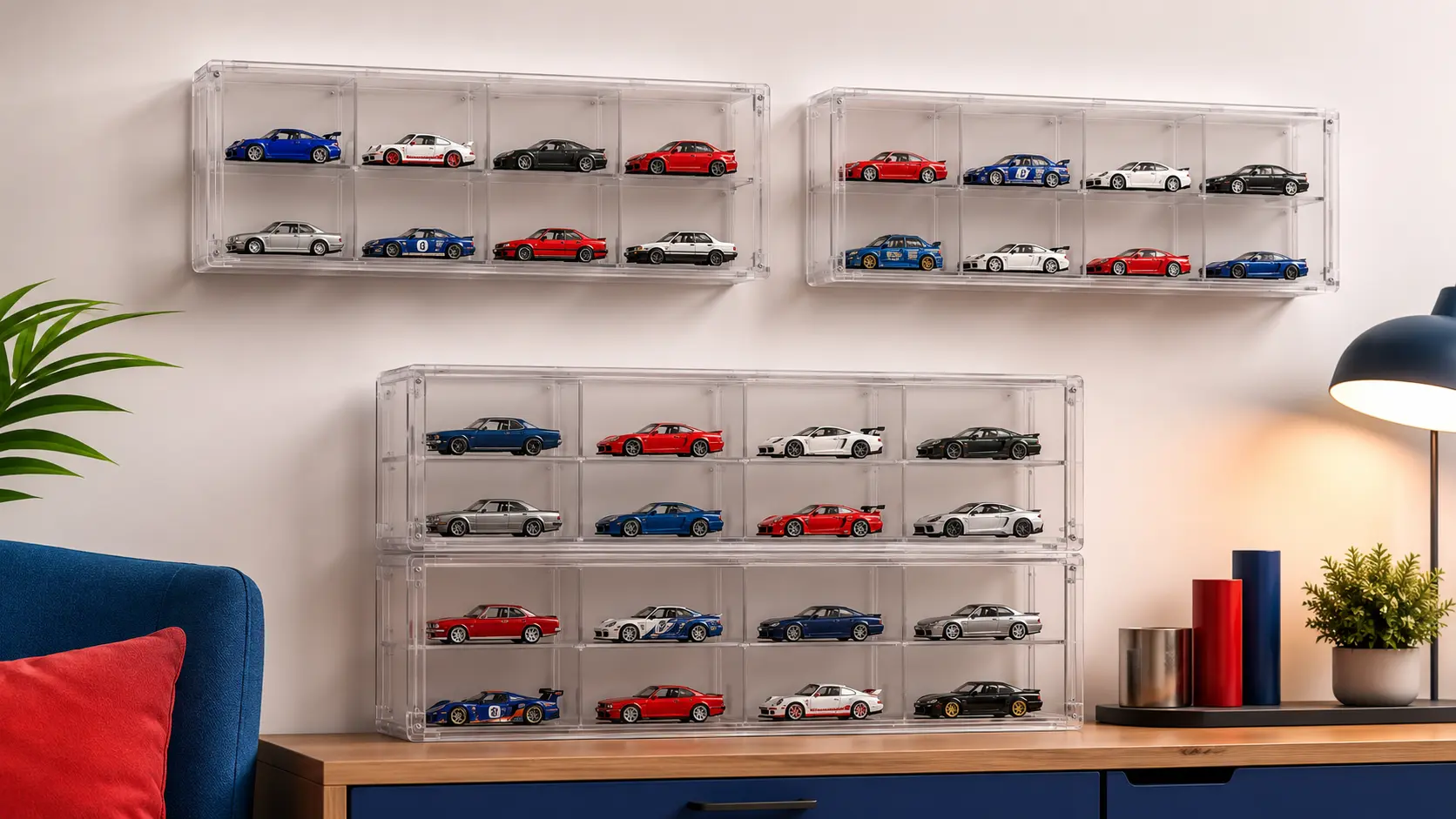 Stackable transparent modular display cases each holding a small group of die-cast cars