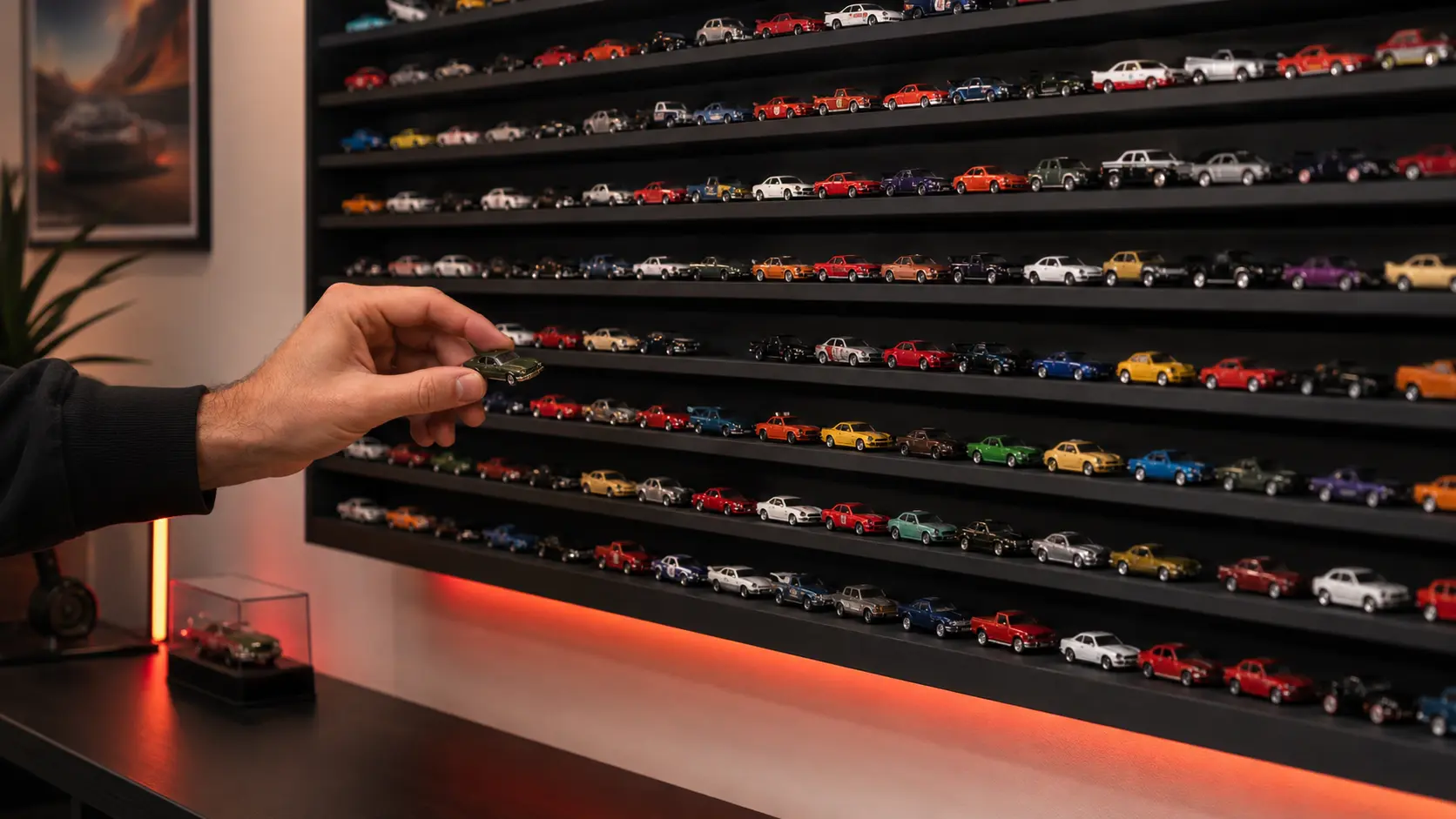 Open-front wall shelf displaying rows of loose die-cast cars