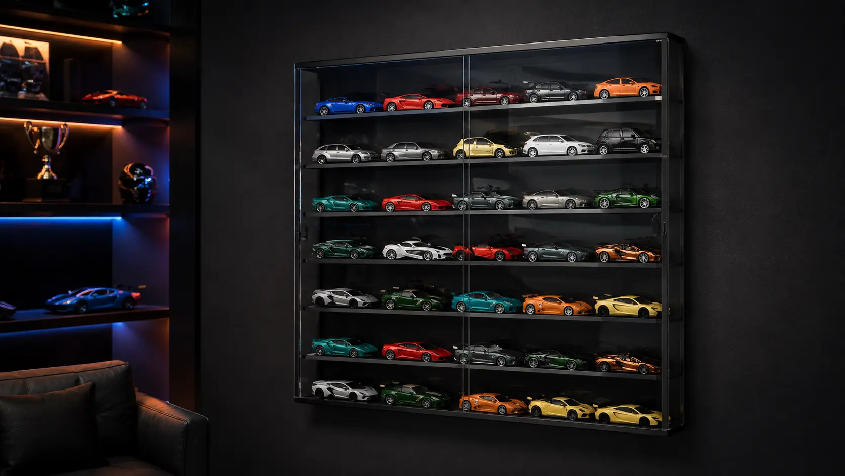 Alyoen 64-car black wall-mounted display case with magnetic double doors