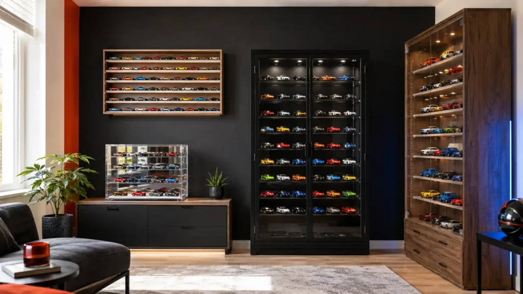 Premium wall-mounted shelves and enclosed cabinets displaying a curated 1:64 diecast car collection