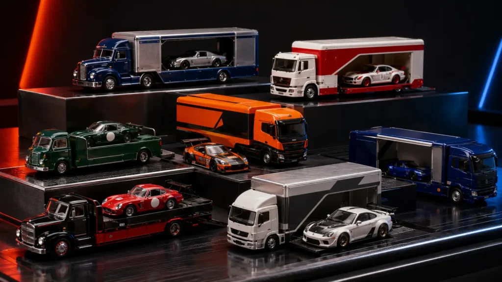 Premium 1:64 car-and-transporter display representing the best Hot Wheels Team Transport sets to buy in 2026