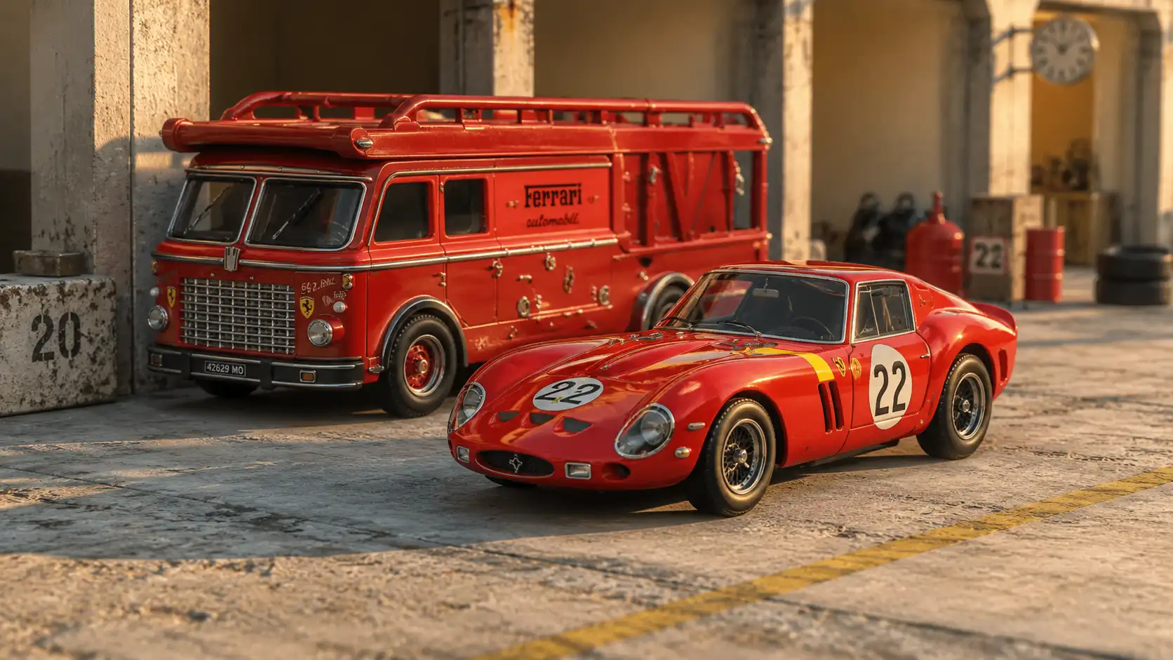 Ferrari 250 GTO beside Fiat 642 RN2 Bartoletti Team Transport in a historic miniature racing paddock
