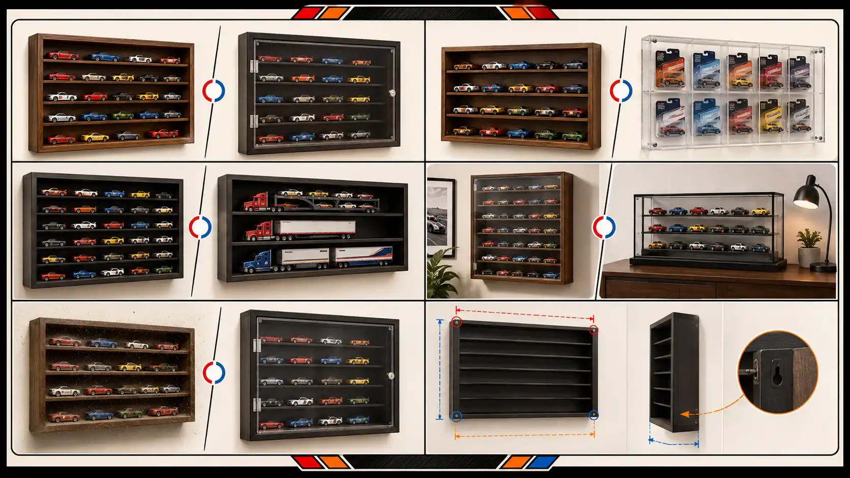 Visual guide comparing loose and carded display, dust protection, wall mounting and shelf depth for 1:64 cars